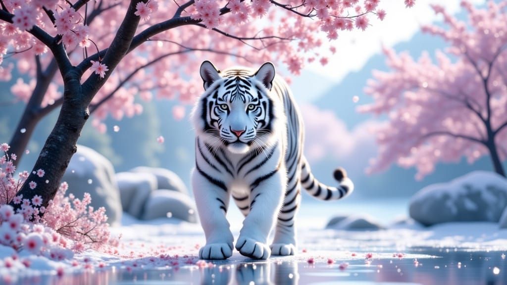 Snow Tiger in Cherry Blossom Garden