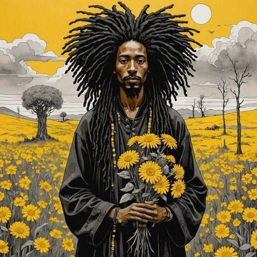 Monochromatic Surrealist Portrait with Yellow Flowers