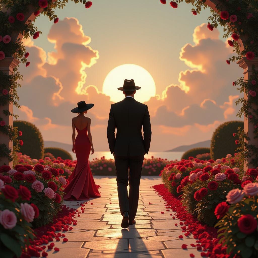 Stylish 1950s Gentleman Walks Rose Path in 3D Portrait