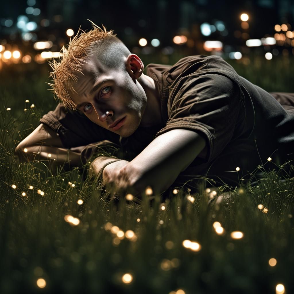 Man with Greasy Hair Under City Lights