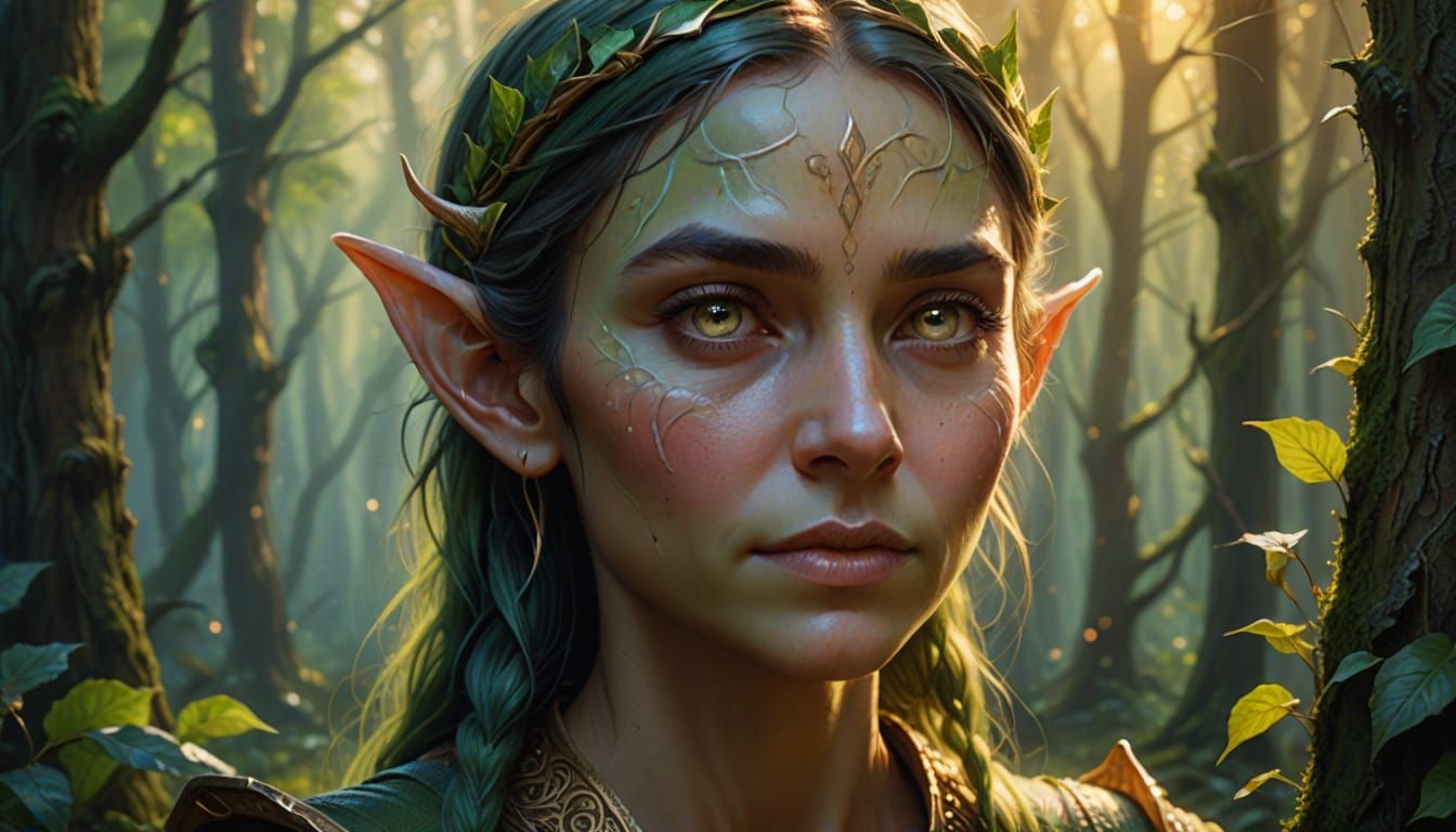Woman Transforms Into Elf in Misty Forest, Oil Painting Styl...