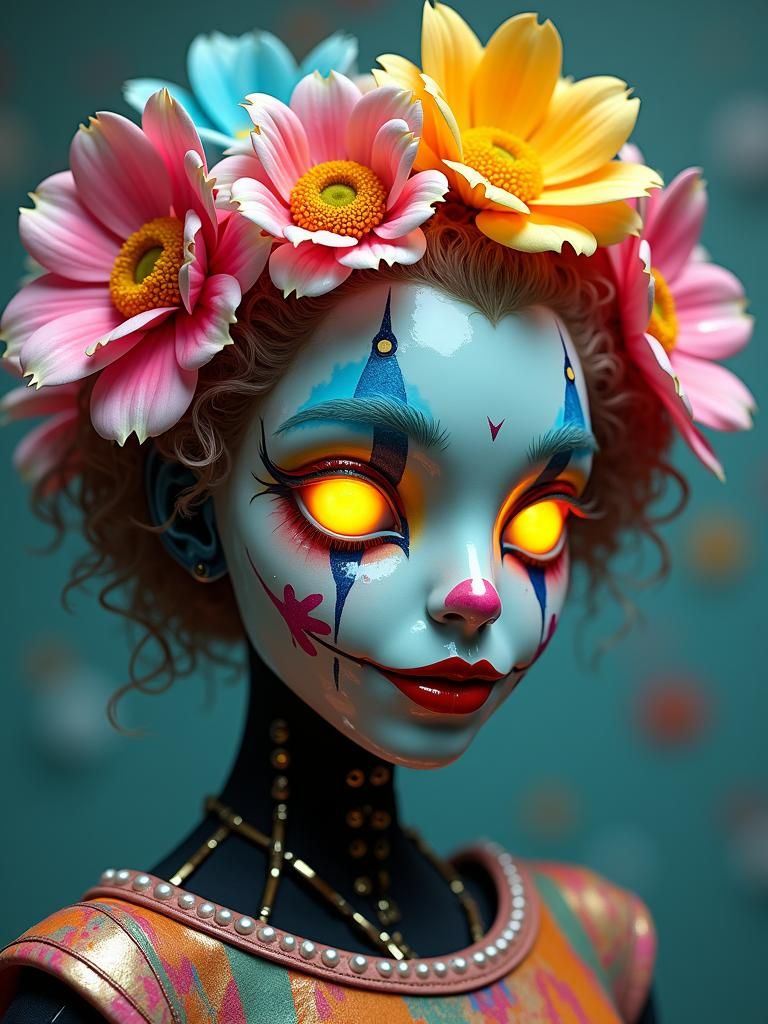Uncanny Robot: Rainbow Clown in Hyperreal Photorealism