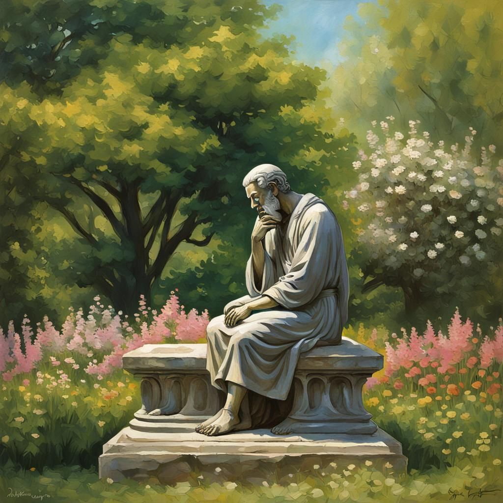 Contemplative Figure in Serene Garden: Digital Art