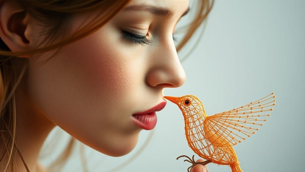 String Woman Kissing String Bird Portrait