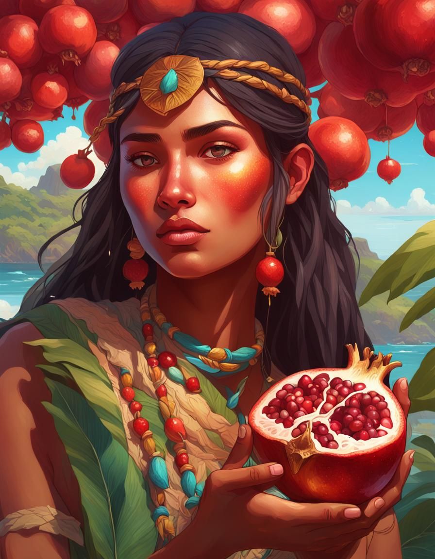 Polynesian Girl with Pomegranate: Hyperdetailed Art