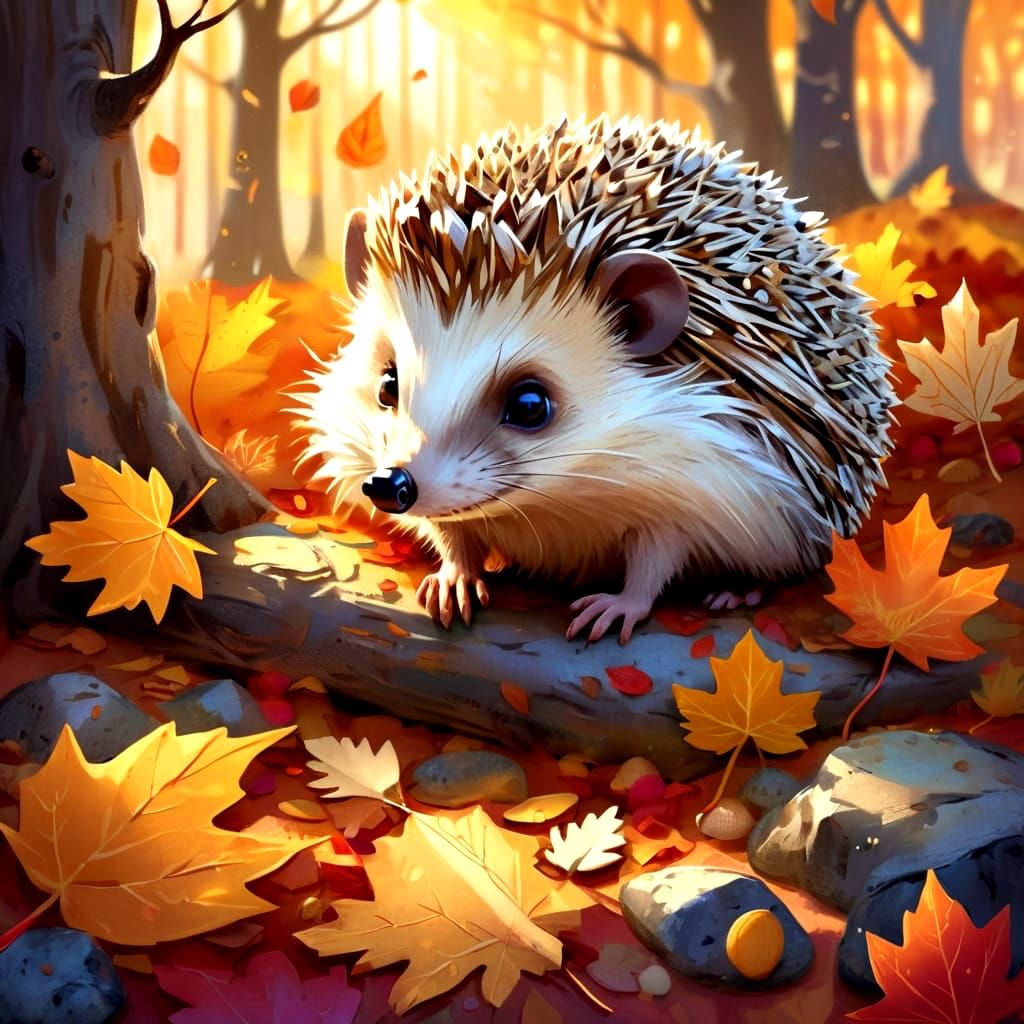 Whimsical Hedgehog in Autumn Leaves
