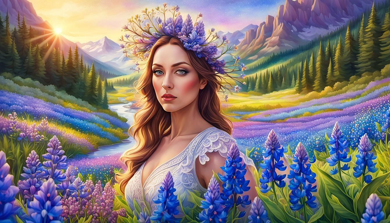 Woman with Bluebonnet in Wildflower Meadow: 3D Render