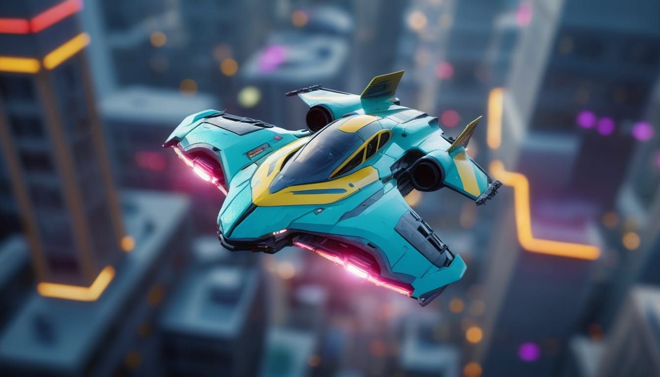 Surreal Flying Vehicle Soars Above Futuristic Cityscape in W...