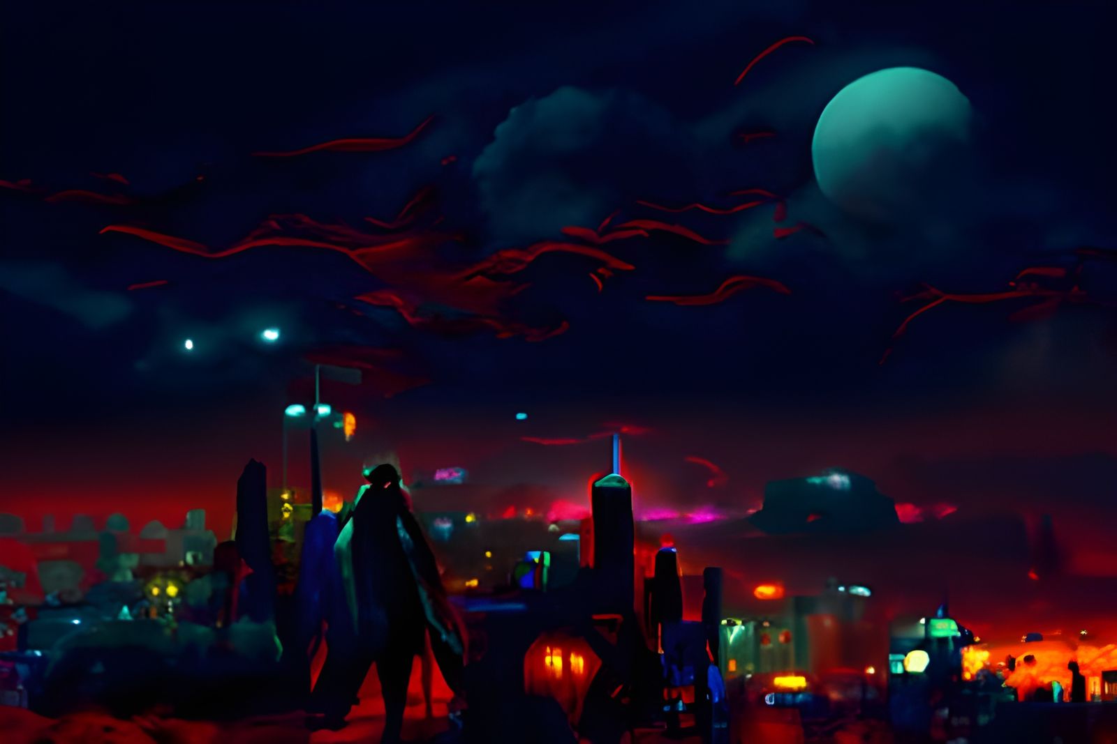 Cyberpunk Cityscape Under Romantic Moon