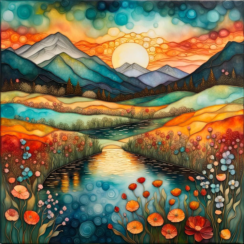 Klimt-Inspired Encaustic Landscape at Sunset