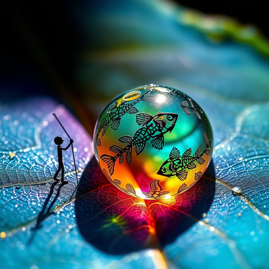 Microscopic Dewdrop World with Stick Figure Fisherman