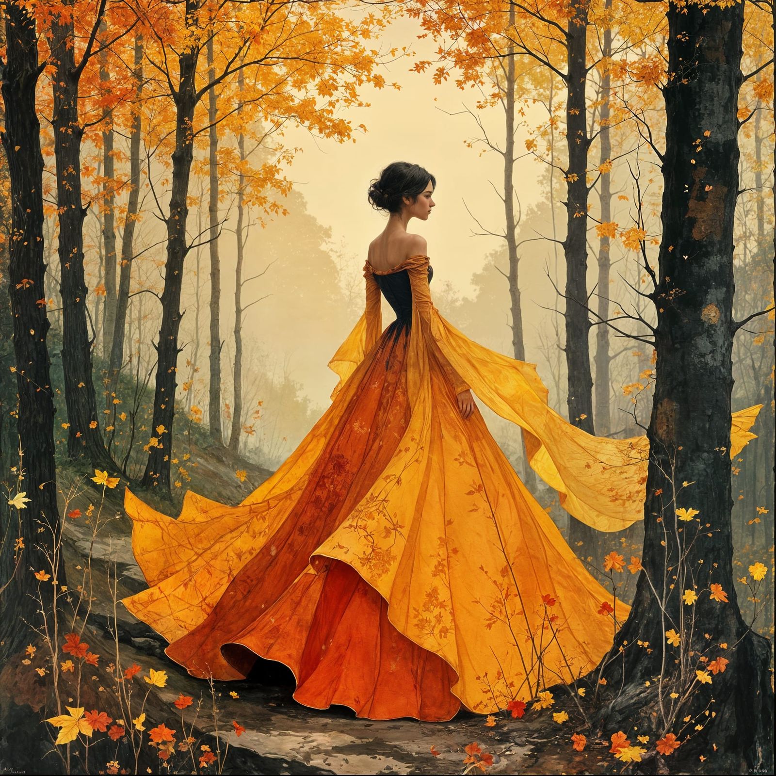 Woman in a large, billowing hoop skirt gown adorned with lon...