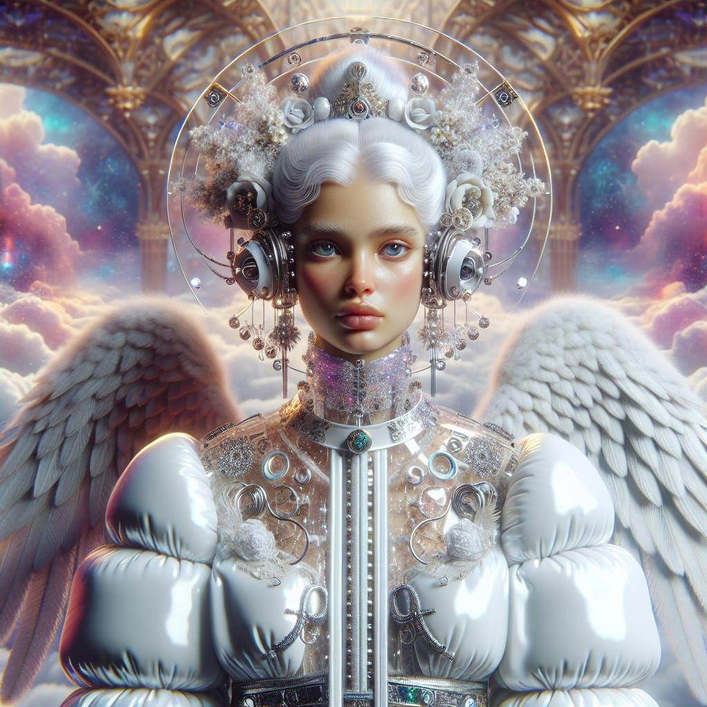 Angelic Woman in Futuristic Puffy Jacket, Hyperrealistic