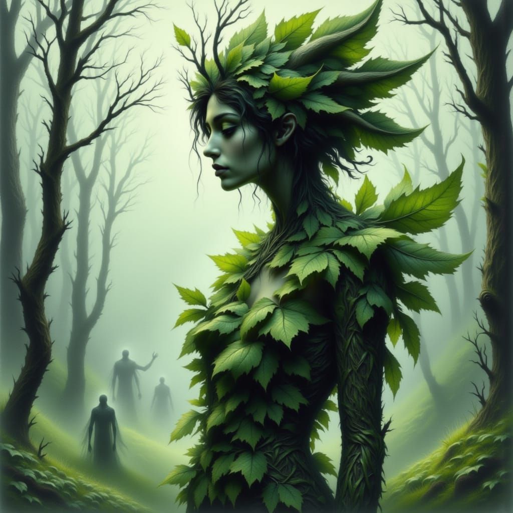 Melancholy Dryad Portrait in Misty Forest