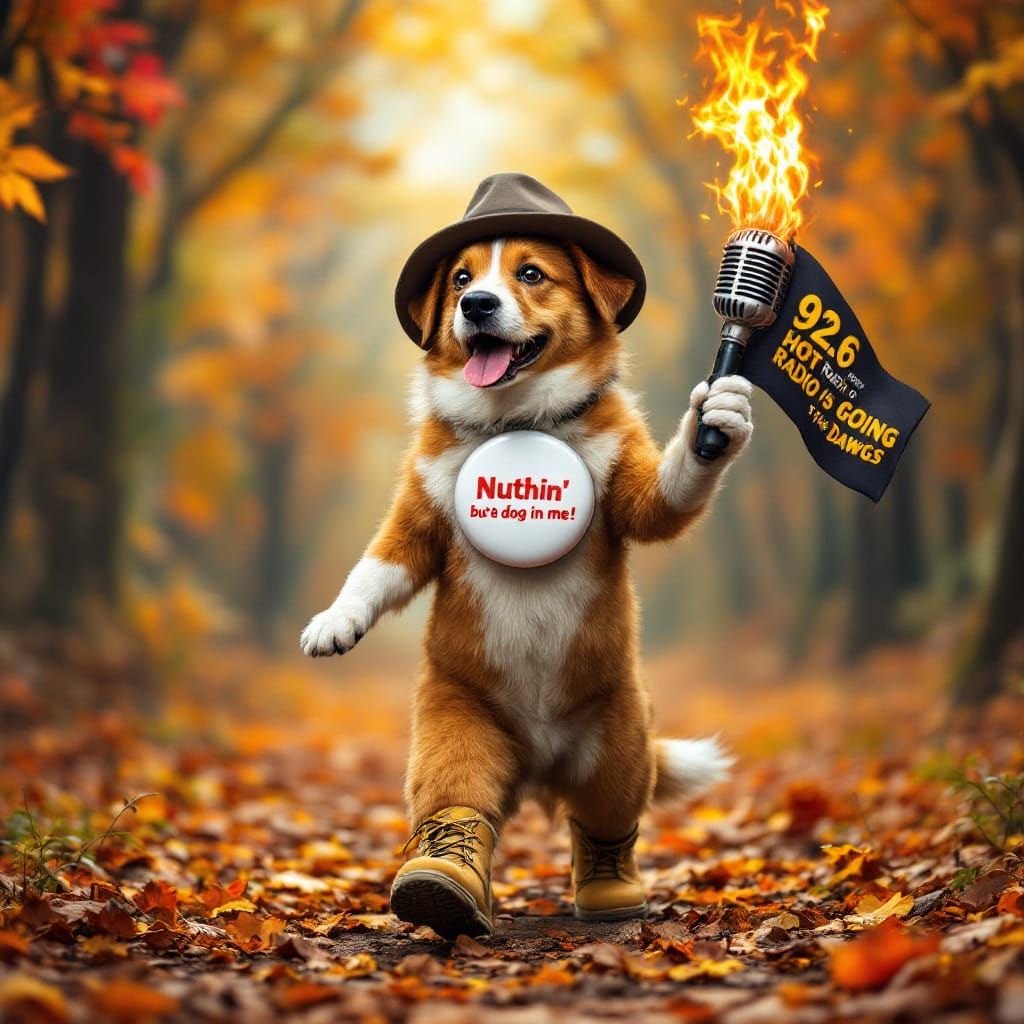 Dog with Flaming Mic in Autumn Forest