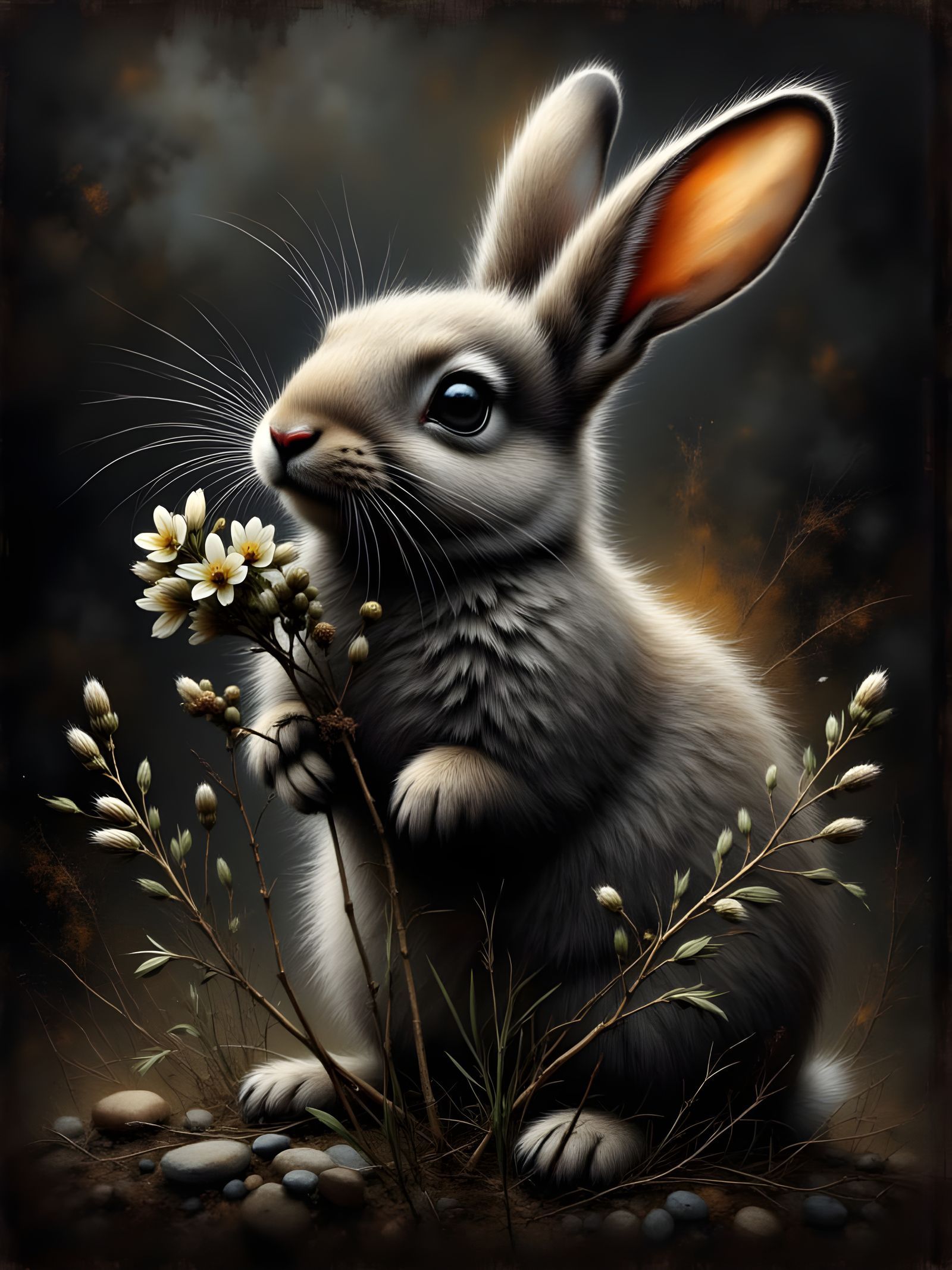 Rabbit in Action Charcoal With Gold Highlights