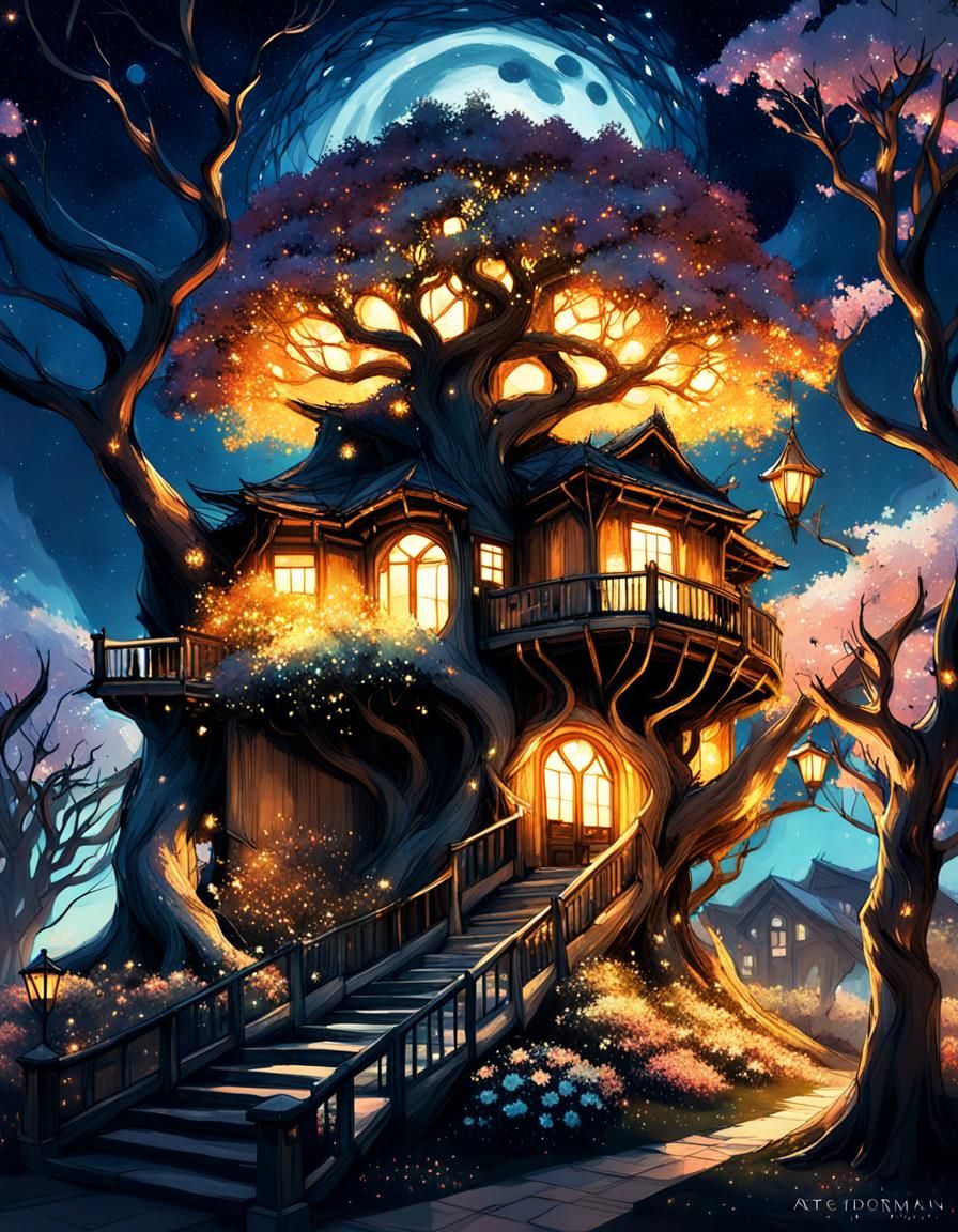 Fantasy House in Yggdrasil Branches at Night
