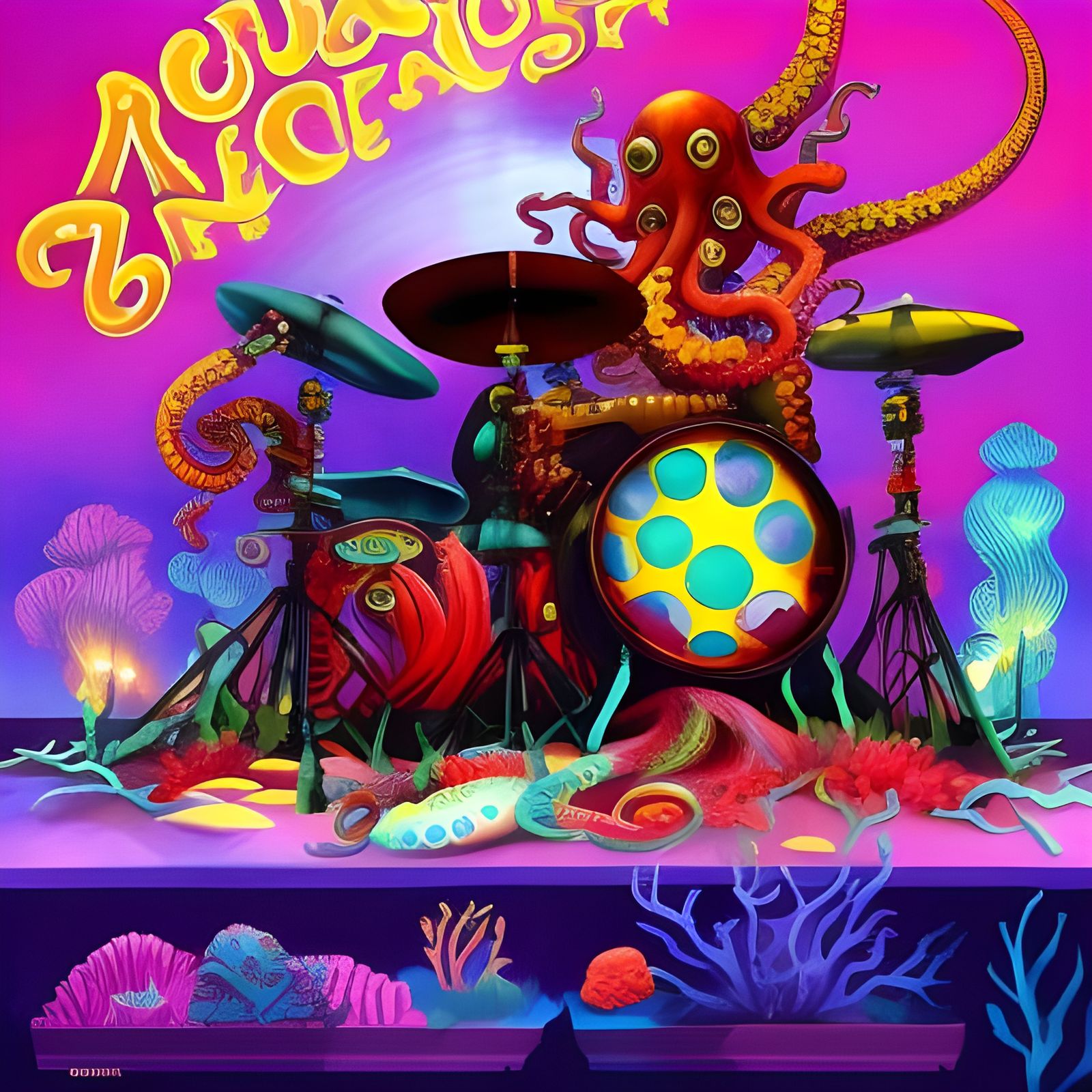 Cyberpunk Octopus Drummer at Underwater Rave
