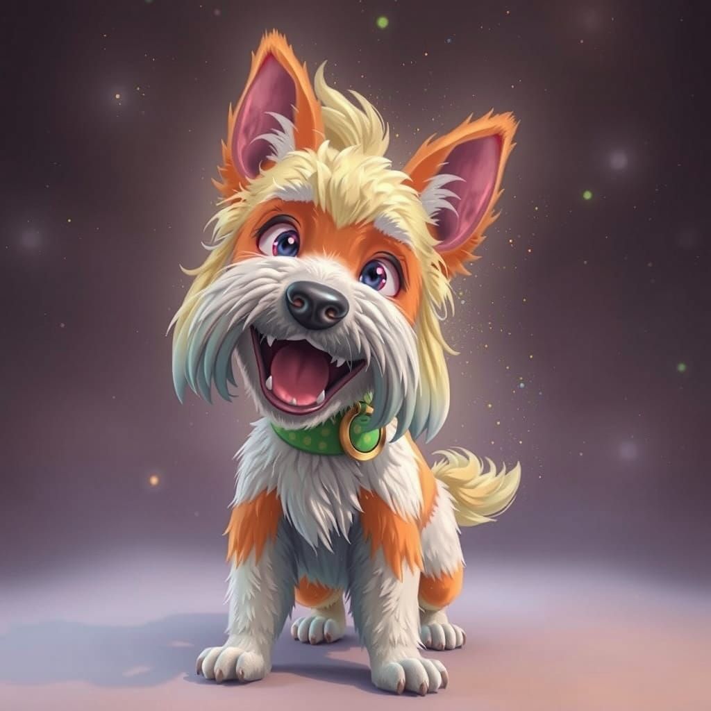 Cheerful Shaggy Puppy with Pixel Distortion Effect