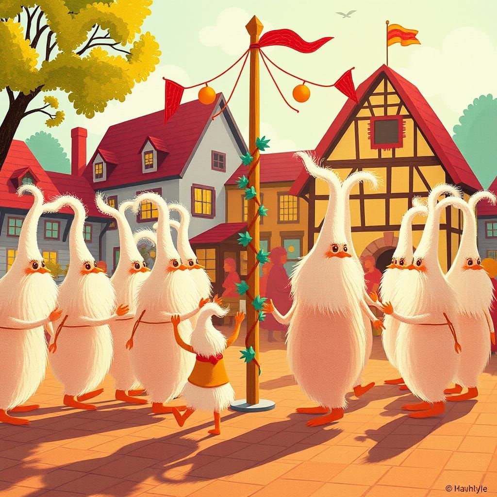 Yetis Dancing Around Maypole in Naive Folk Art Style