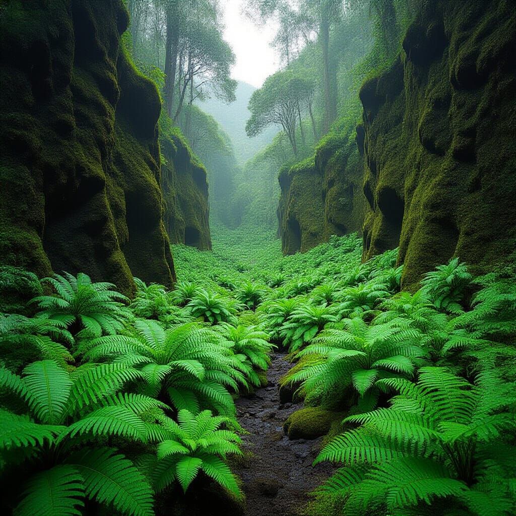 Lush Fern Forest with Volcanic Cliffs