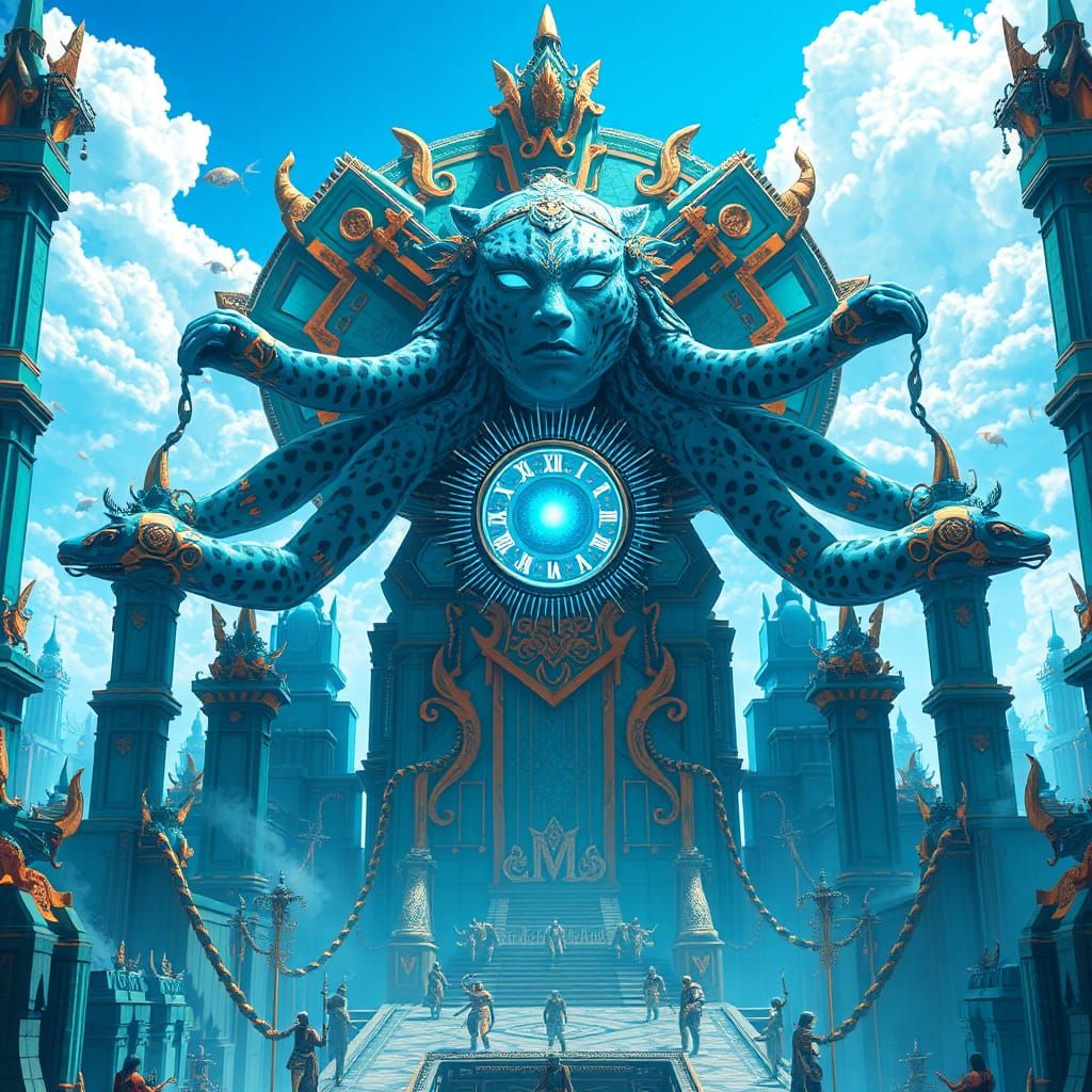 Teal Machine of Time with Leopard Shamans