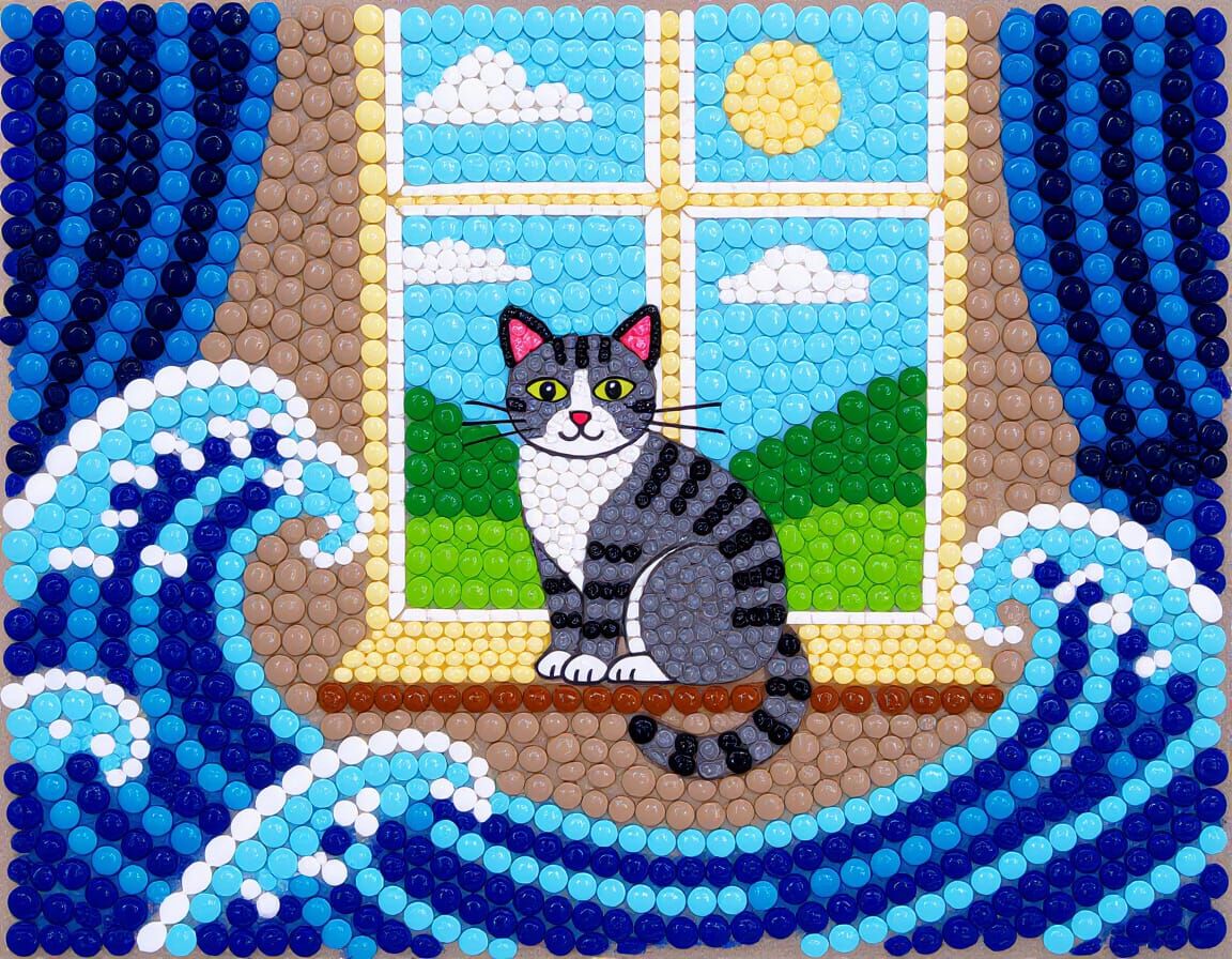 Pebble Art Cat Contemplating Wave Function