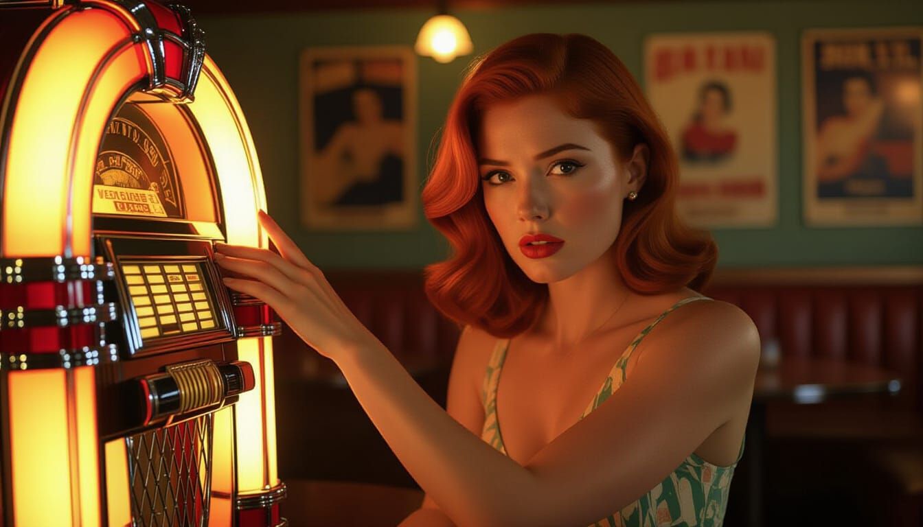 Redhead Woman Contemplates Choice by Jukebox