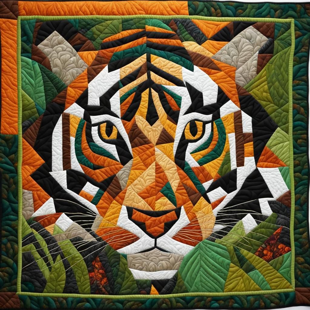 Patchwork Quilt Portrait of a Tiger in Rainforest