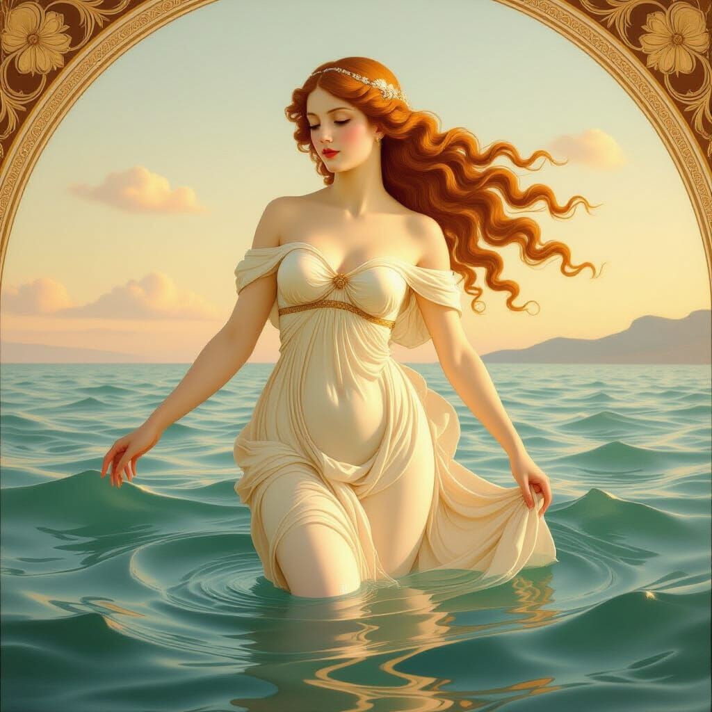 Ethereal Woman Emerges from Sea in Botticelli Style