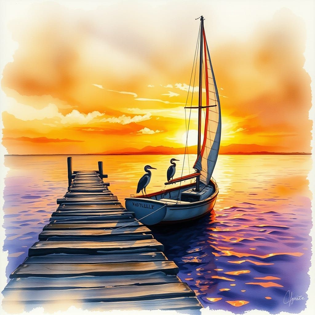 Watercolor Sunset With Heron and Sailboat