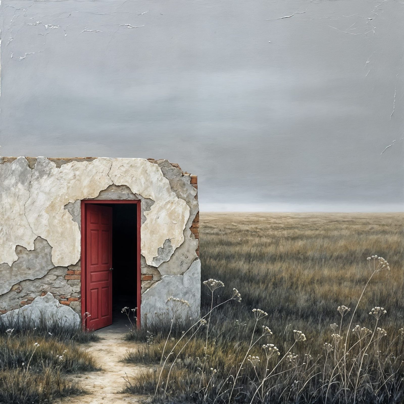 Dreamlike Landscape Painting with Red Door
