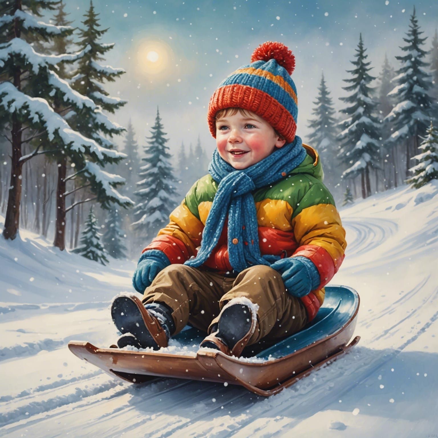 Whimsical Boy Sledding Down Snowy Hill as Oil Painting