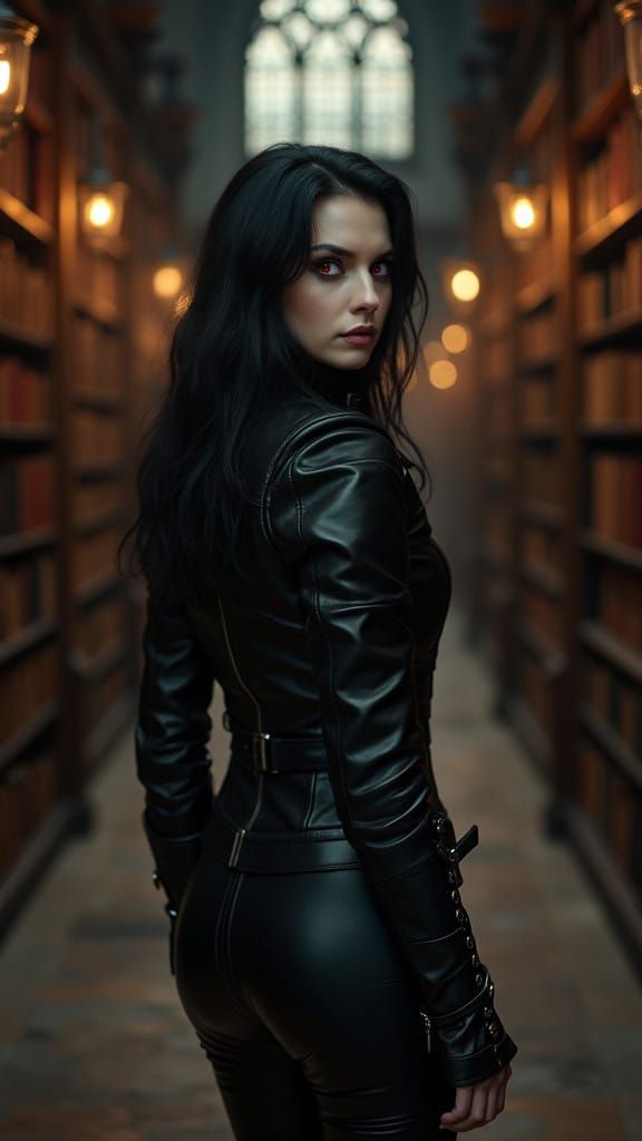 Elegant Vampire in Leather Attire, Amidst Ancient Library