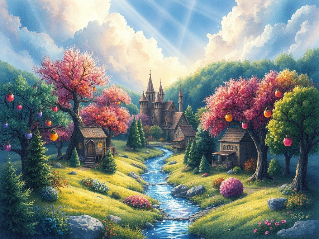 Iridescent Village with Crystalline Fruits, Watercolor Style
