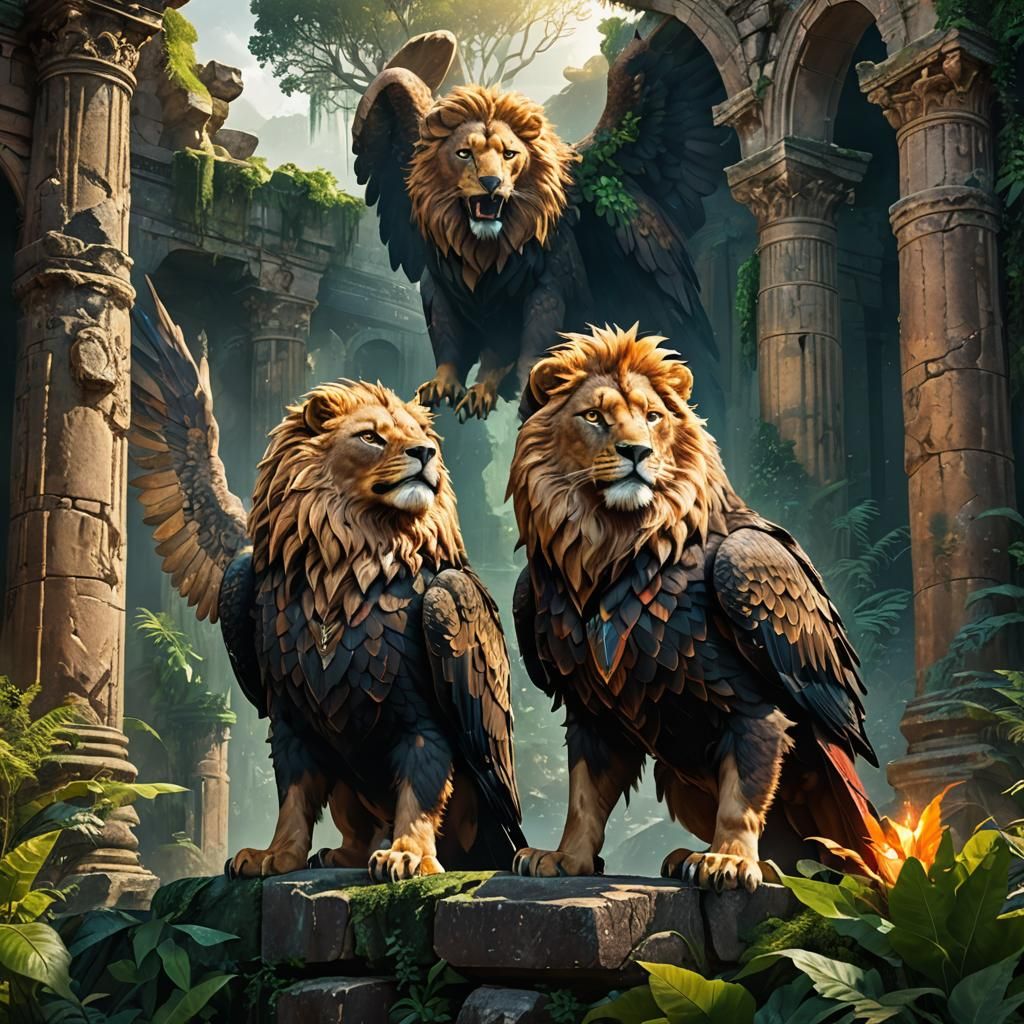 Majestic Eagle and Lion in Ancient Ruins