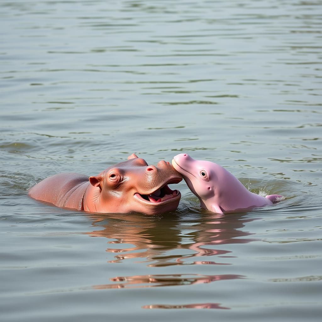 Pink Hippo and Dolphin Chatting in a River
