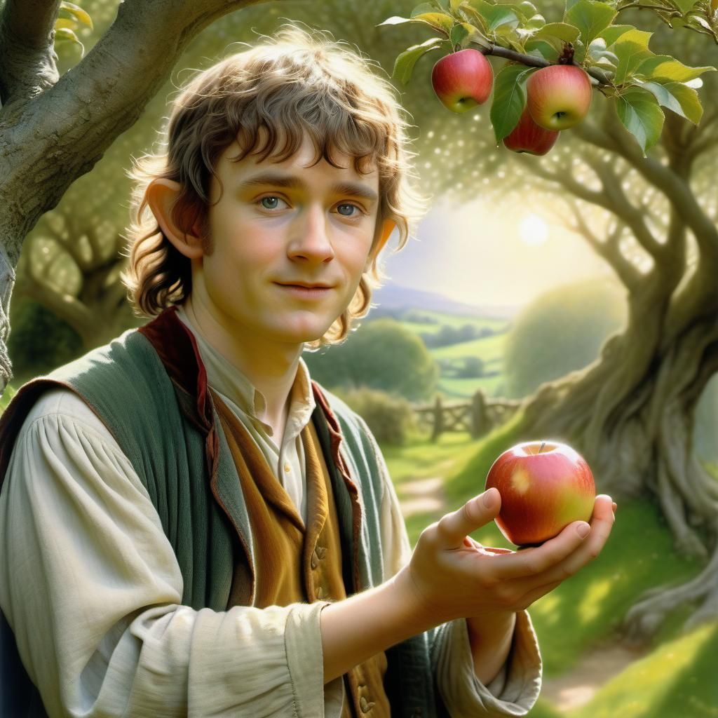 Hobbit in Shire Orchard with Apple