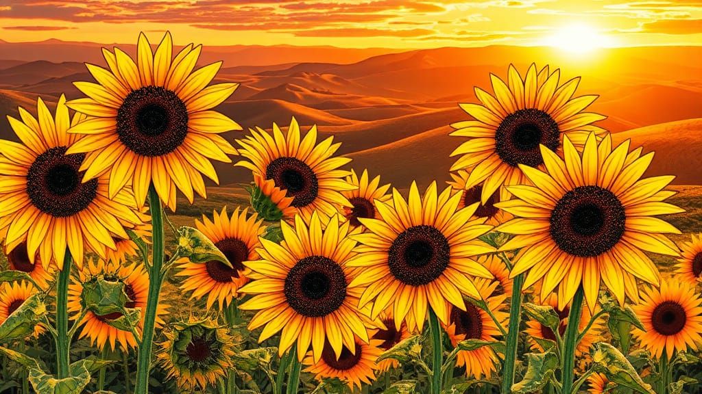 Sunflowers in Sunset: Abstract Vector Art Landscape