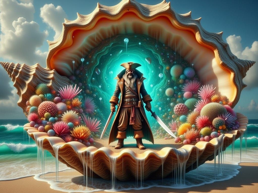 Fantasy Pirate Island Inside Giant Seashell