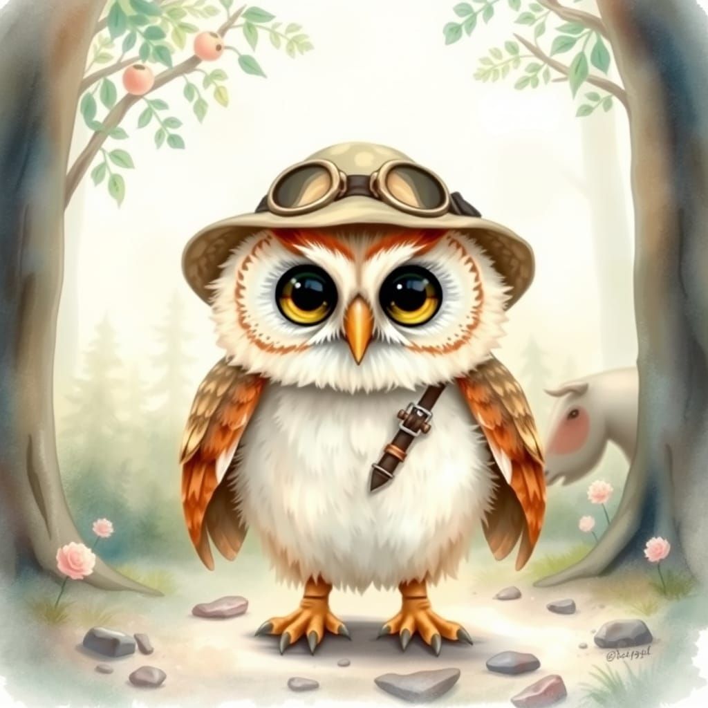 Baby Owl Explorer in Whimsical Forest: Watercolor Painting