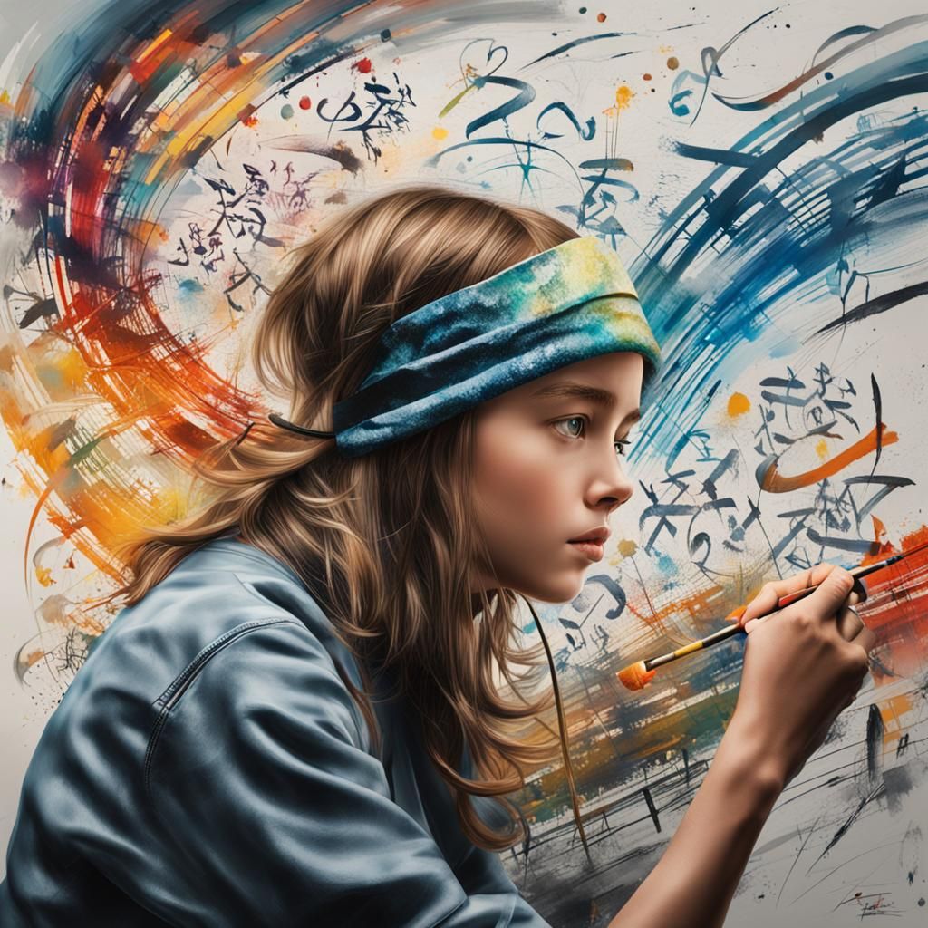 Hyperrealistic Painting of Woman Practicing Calligraphy