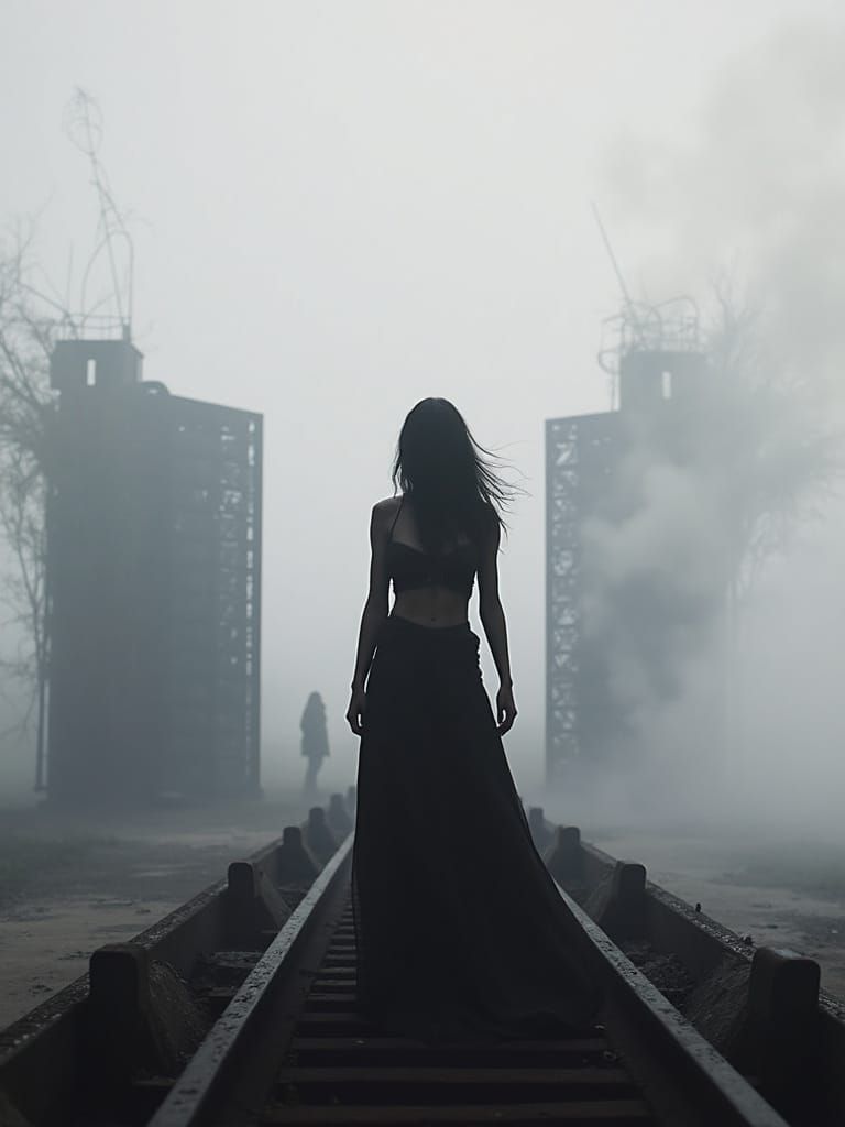 Eerie Silhouette at Industrial Gate in Noir Style