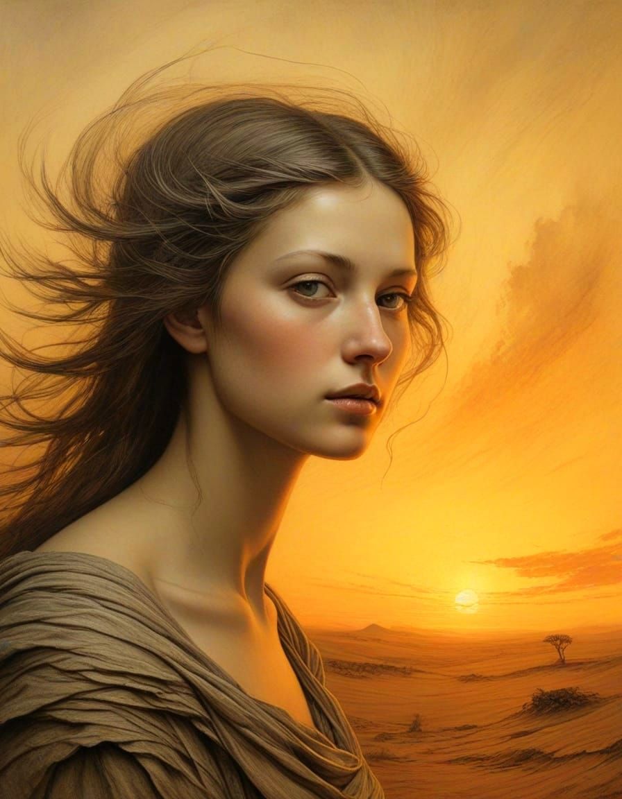 Mystical Angel in Windswept Desert Sunset