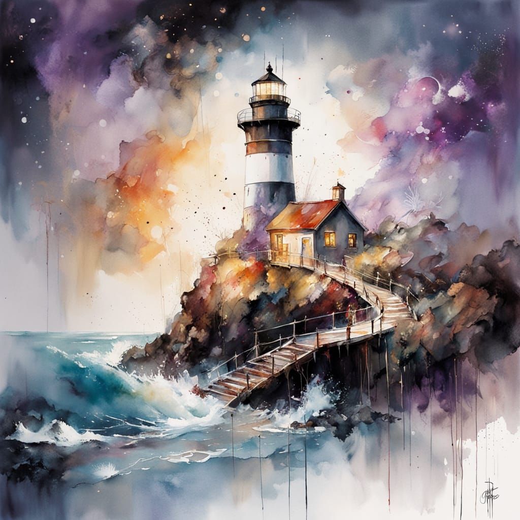 Lighthouse Under Cosmic Sky with Victorian House
