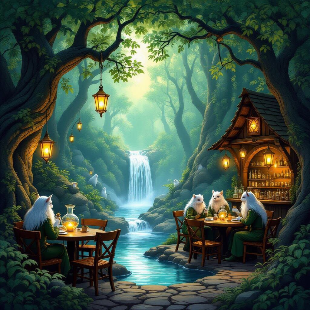 Mystical Forest Cafe with Magical Coffee Waterfall