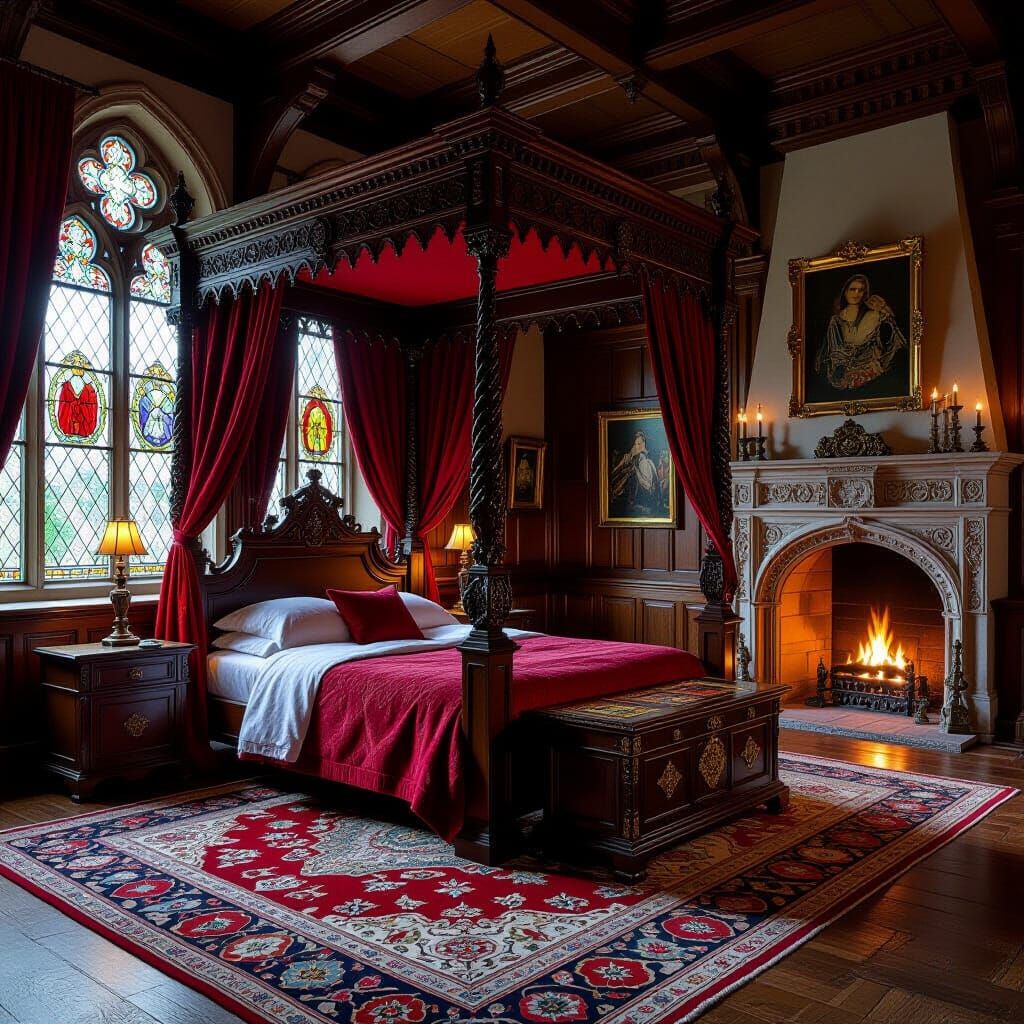 Medieval Manor House with Stained Glass in Art Nouveau Style