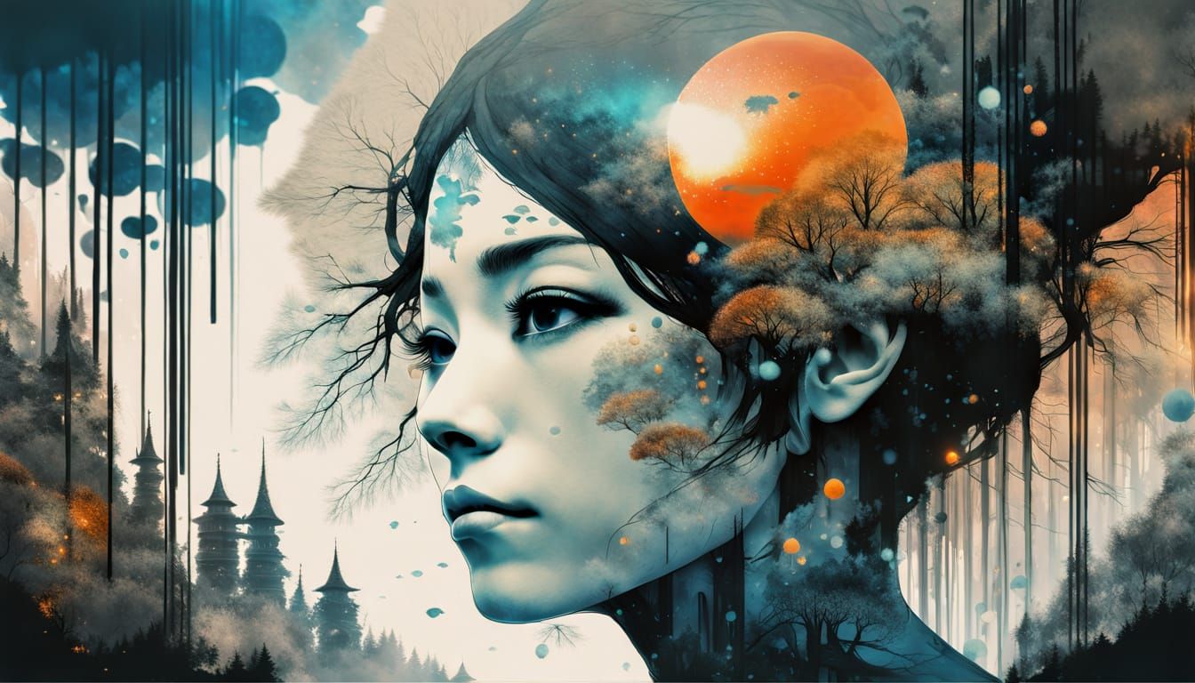 Surreal Digital Art: Man's Cosmic Hair with Cityscapes