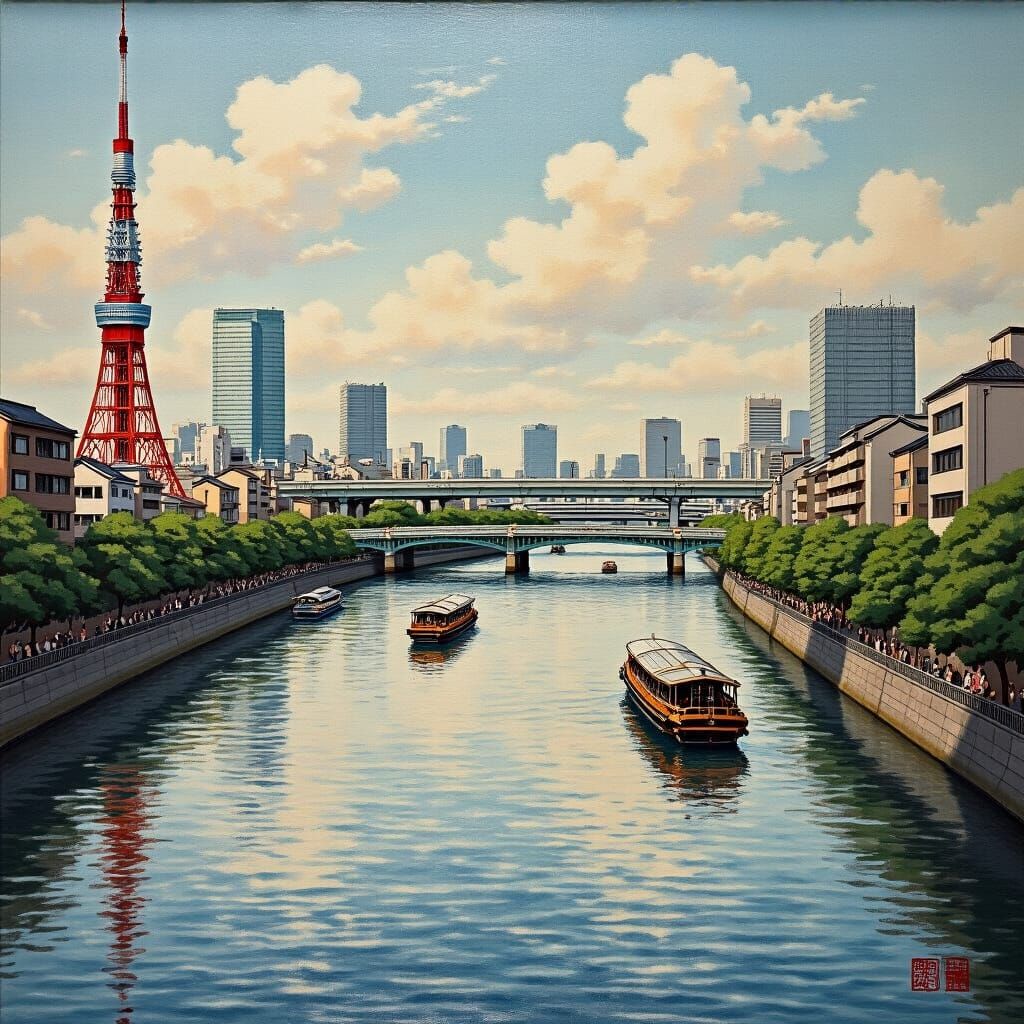 The Sumida River in Tokyo, classical Japanese oil on silk.
