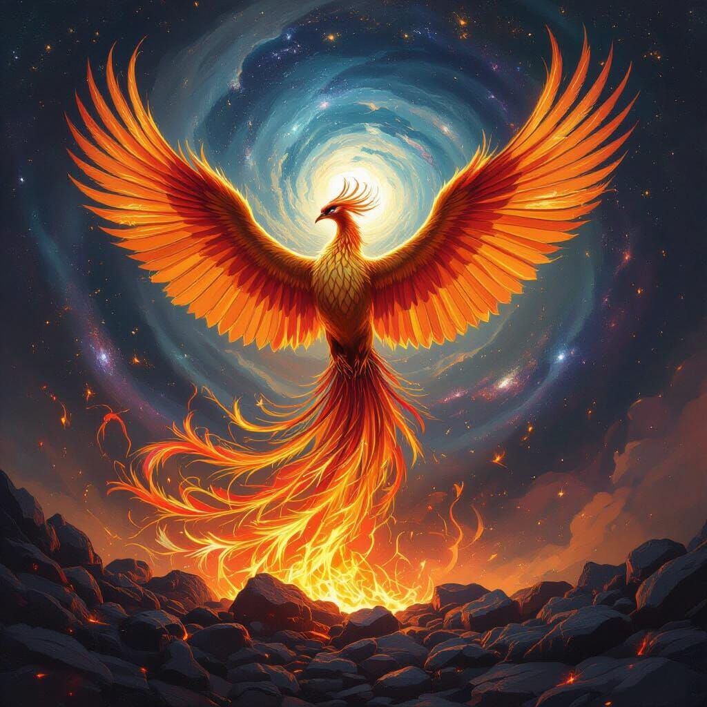 Phoenix Rising: Iridescent Plumage in Cosmic Vortex